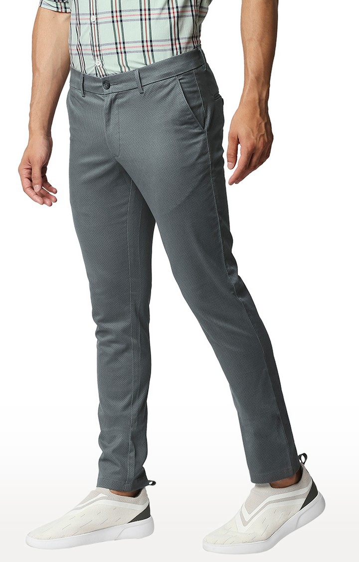 BASICS CASUAL PRINTED MID GREY COTTON STRETCH TAPERED TROUSERS
