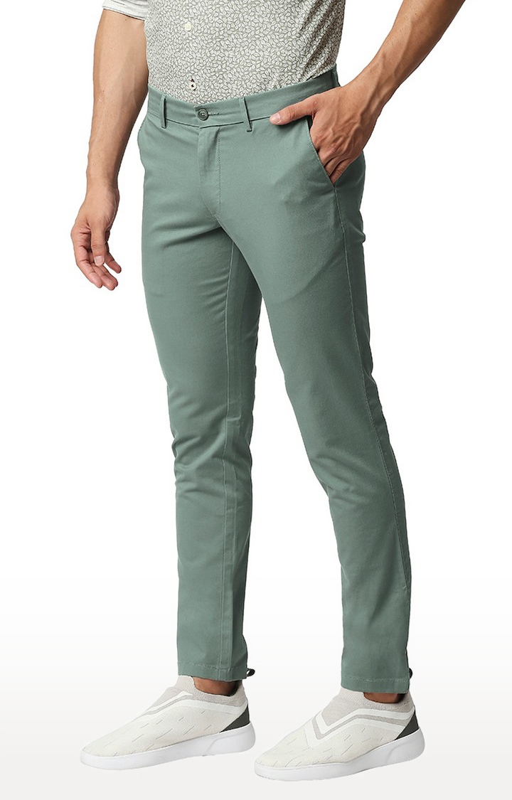 BASICS CASUAL SELF MID GREEN COTTON STRETCH TAPERED TROUSERS