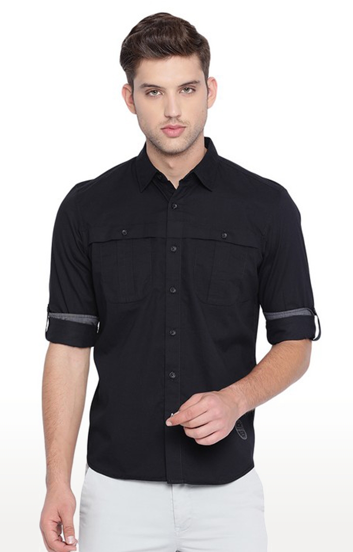 Men's Black Cotton Solid Casual Shirt