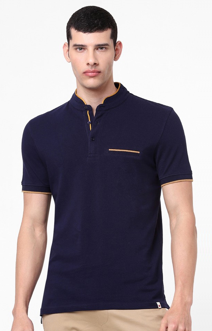 Men'S Navy Mandarin Collar T-Shirt