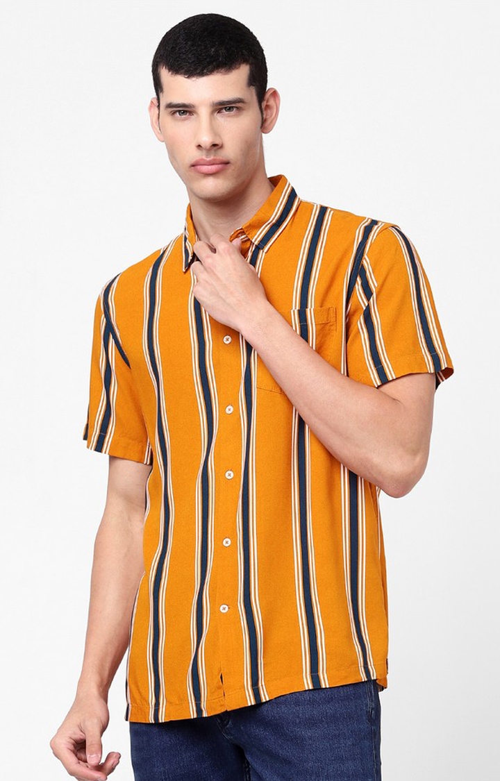 Men'S Orange Striped Casual Shirt