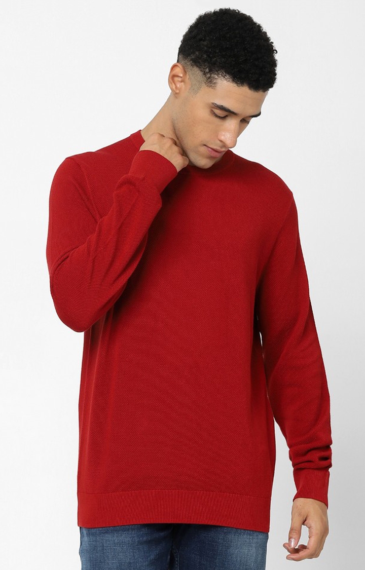 Red Solid Regular Fit Sweater