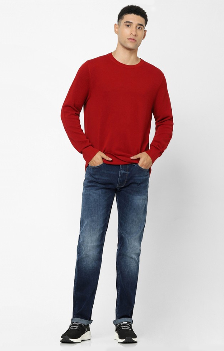 Red Solid Regular Fit Sweater