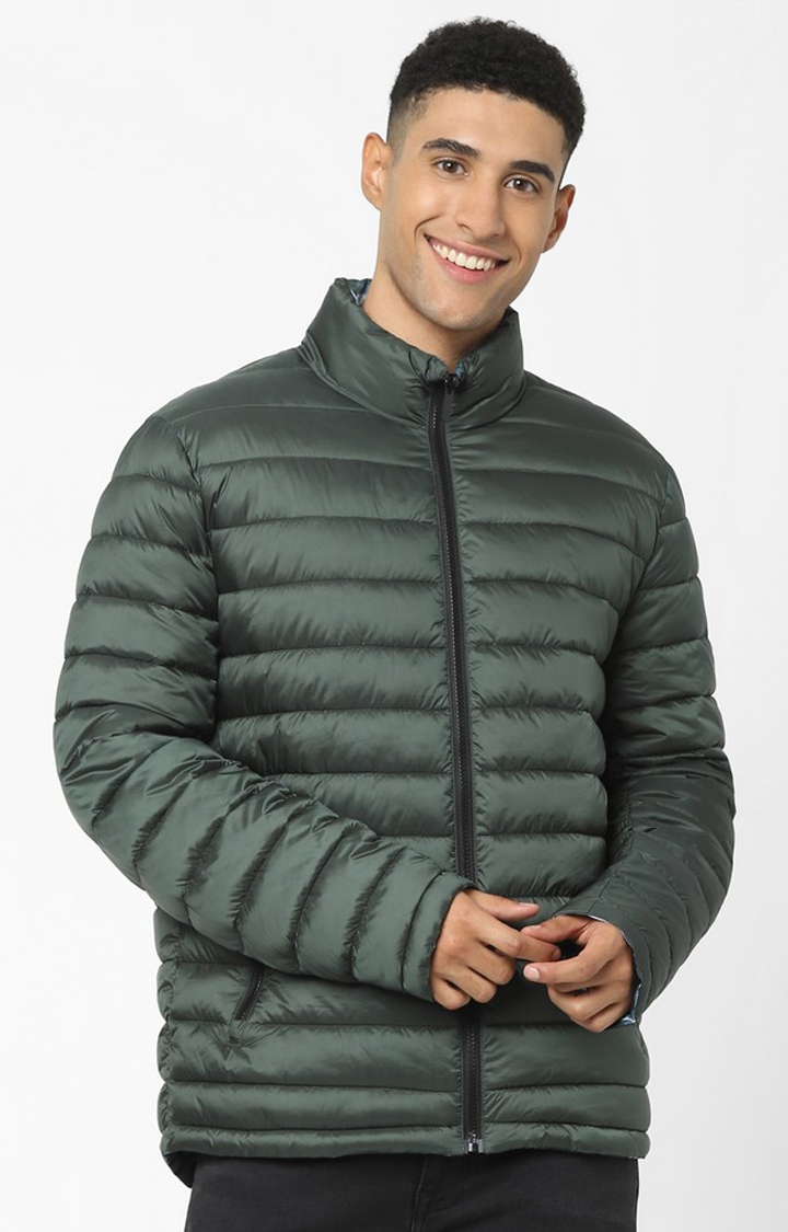 celio | Men's Olive Green Others Solid Bomber Jackets