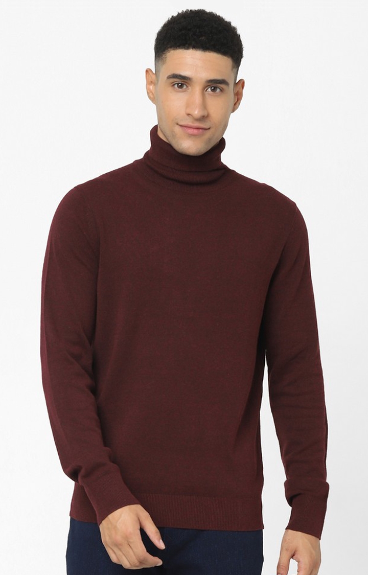 celio | Maroon Solid Regular Fit Sweater