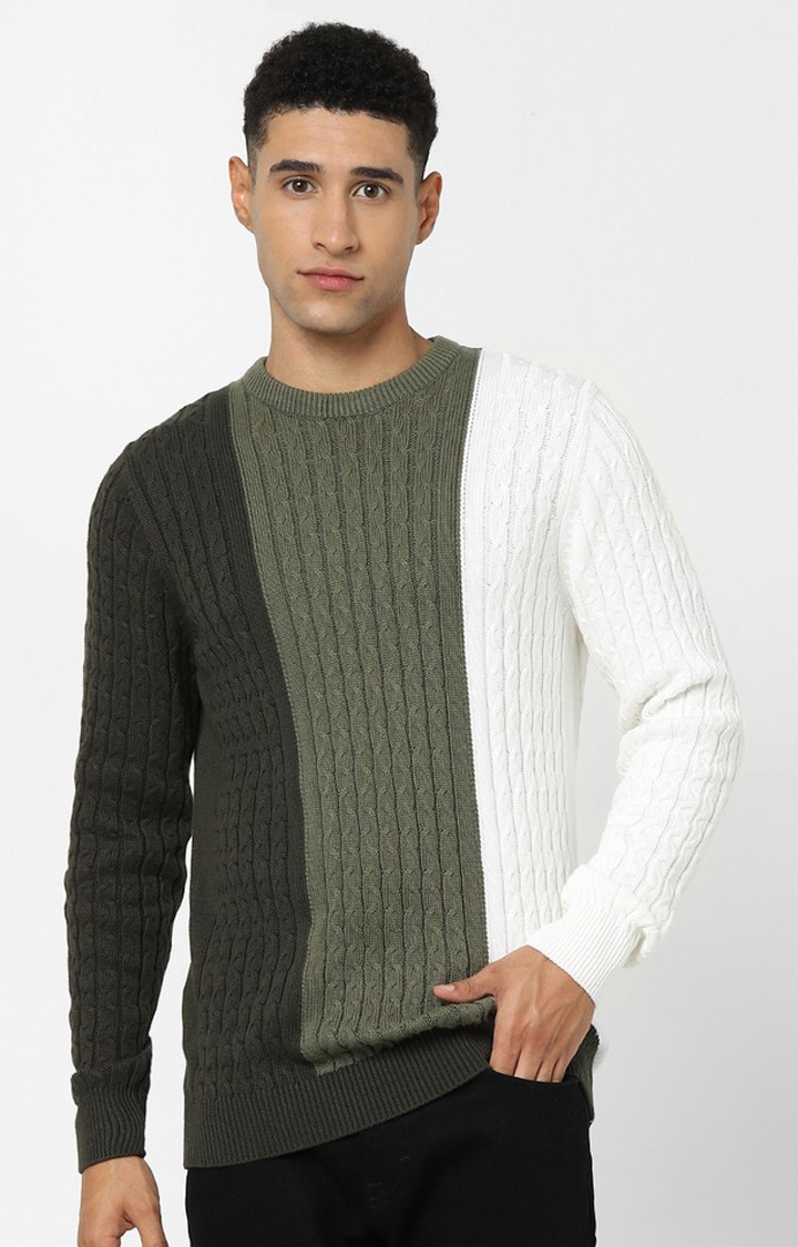 Green Vertical Regular Fit Stripes Sweater