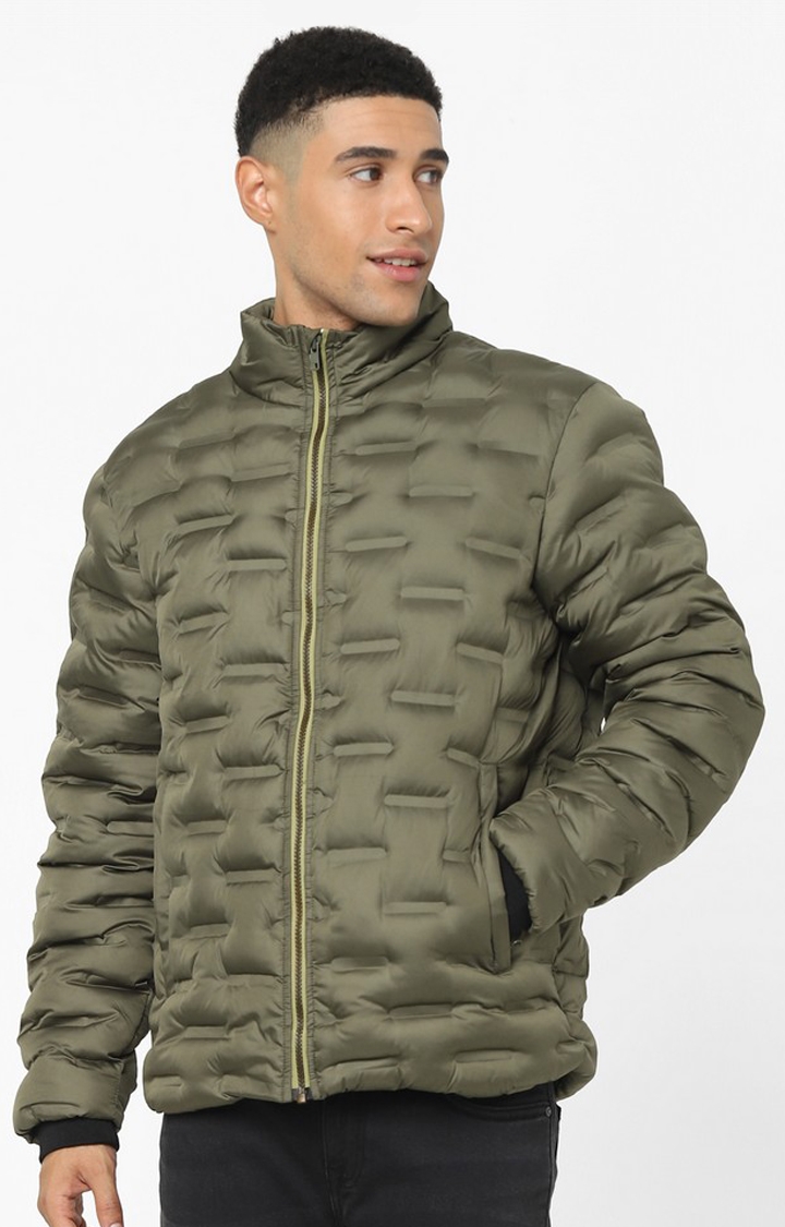 Men's Olive Green Polyester Solid Bomber Jackets