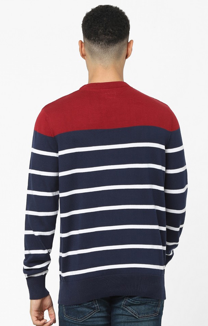 Navy Blue Horizontal Regular Fit Stripes Sweater