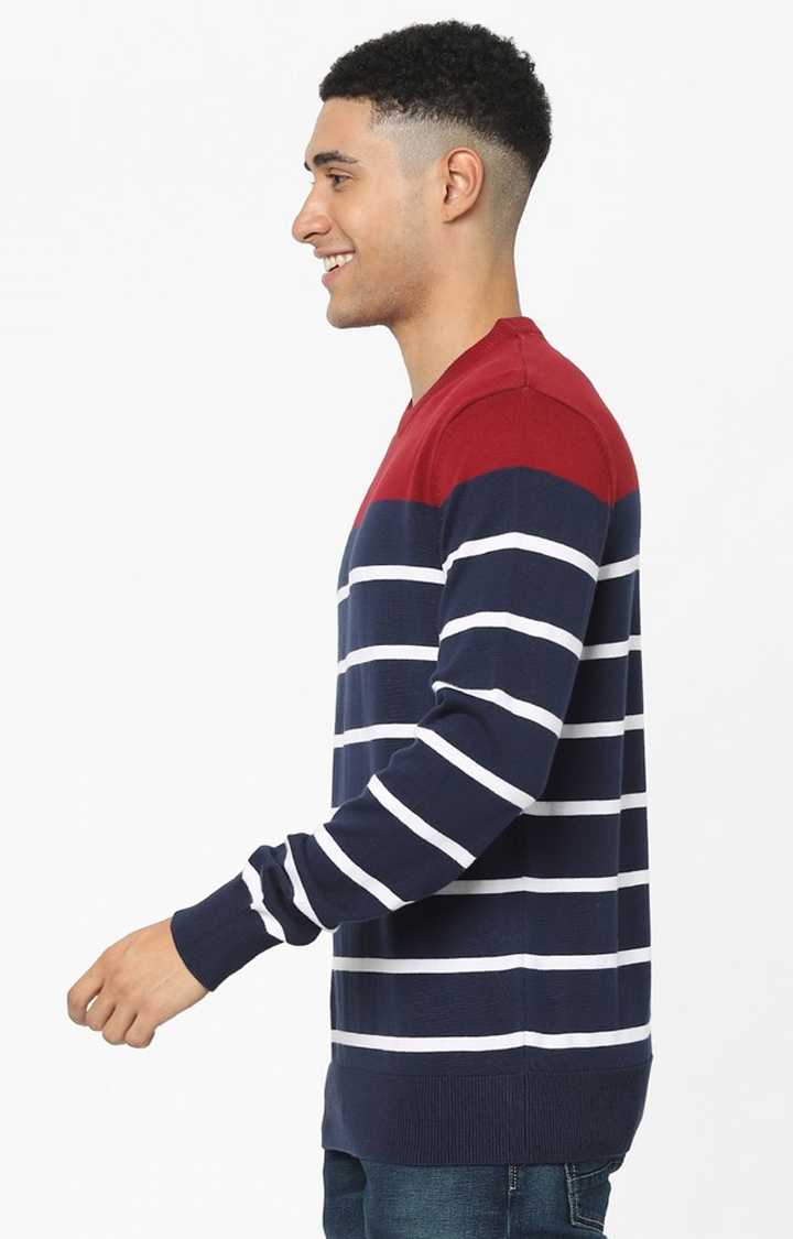 Navy Blue Horizontal Regular Fit Stripes Sweater