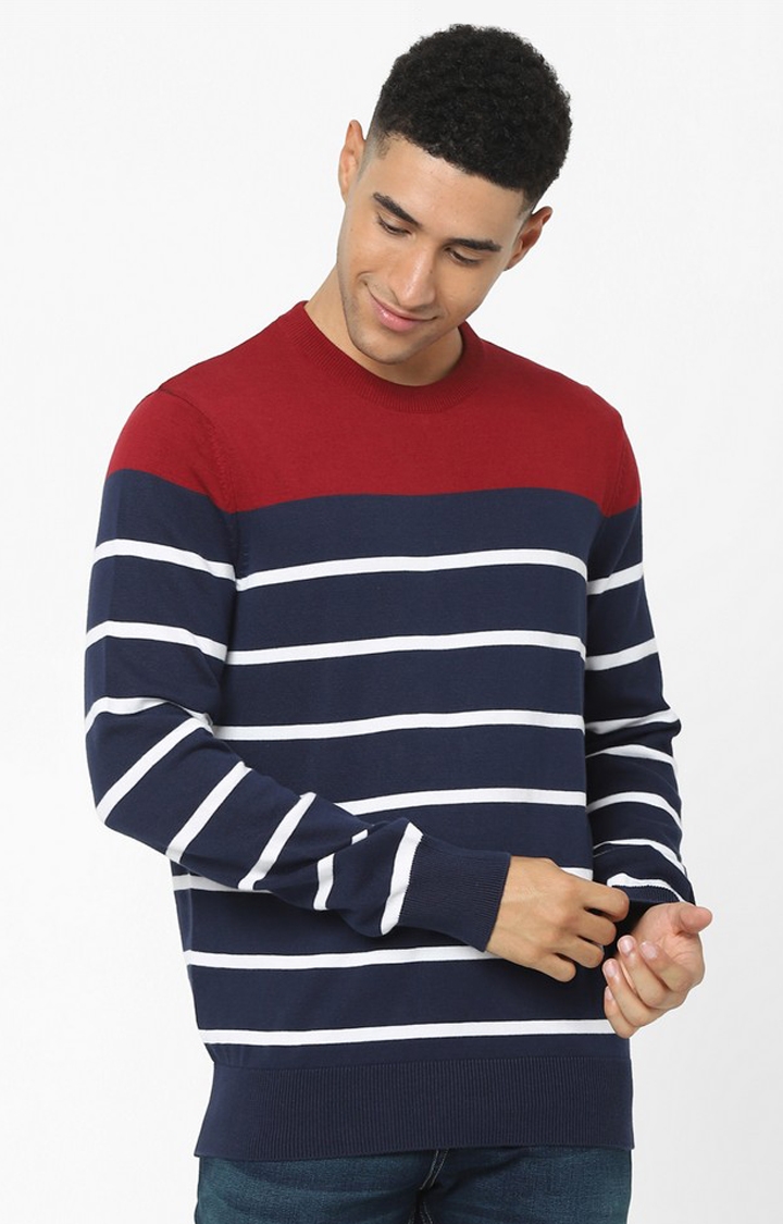 celio | Navy Blue Horizontal Regular Fit Stripes Sweater