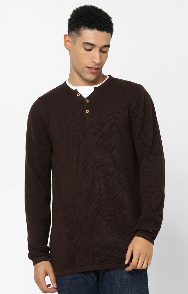 Men's Dark Brown Cotton Solid Sweaters