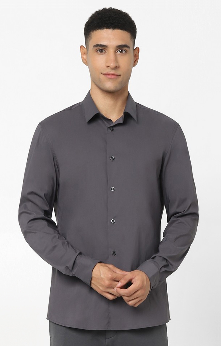 Men's Grey Cotton Blend Solid Casual Shirt