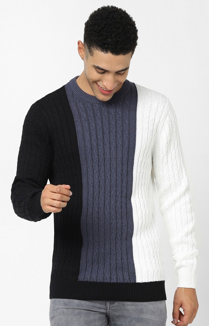 Black Vertical Regular Fit Stripes Sweater