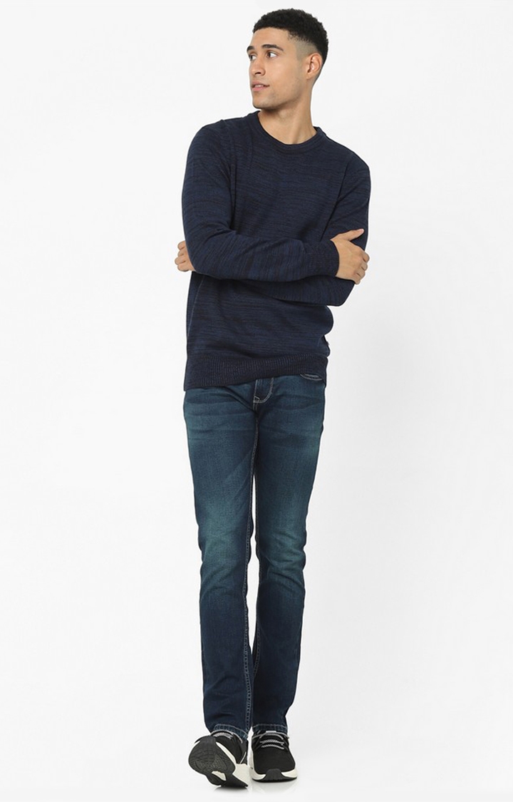Navy Blue Abstract Regular Fit Sweater