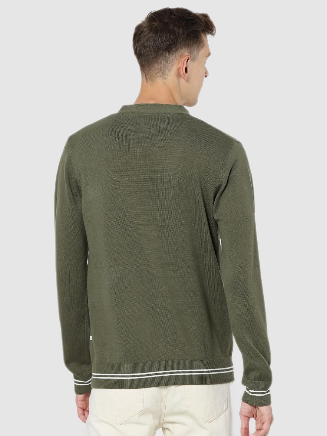Men's Olive Green Cotton Solid Sweaters