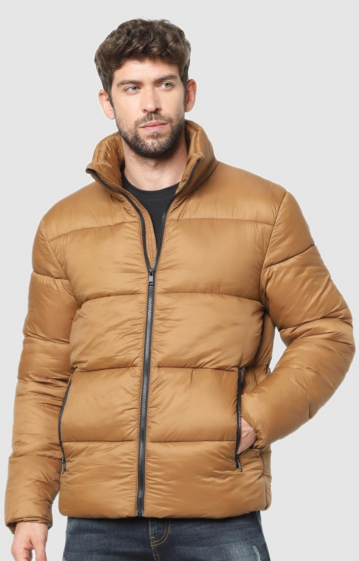 Men's Brown Polyester Solid Bomber Jackets