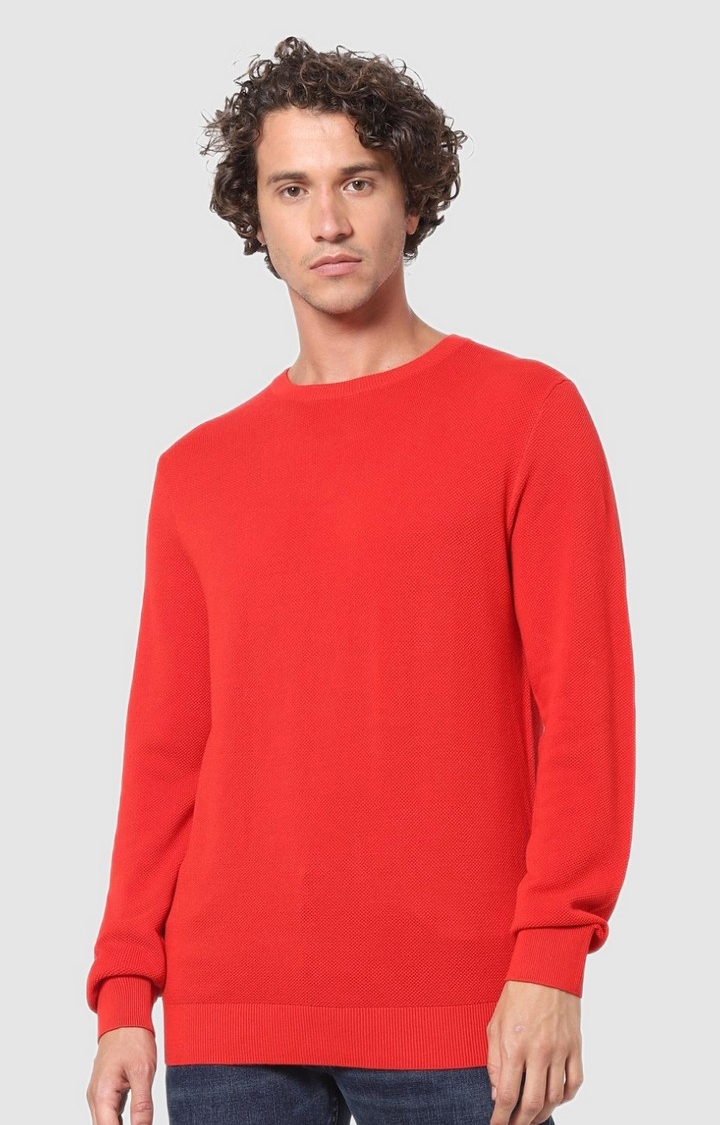 Men's Red Cotton Solid Sweaters