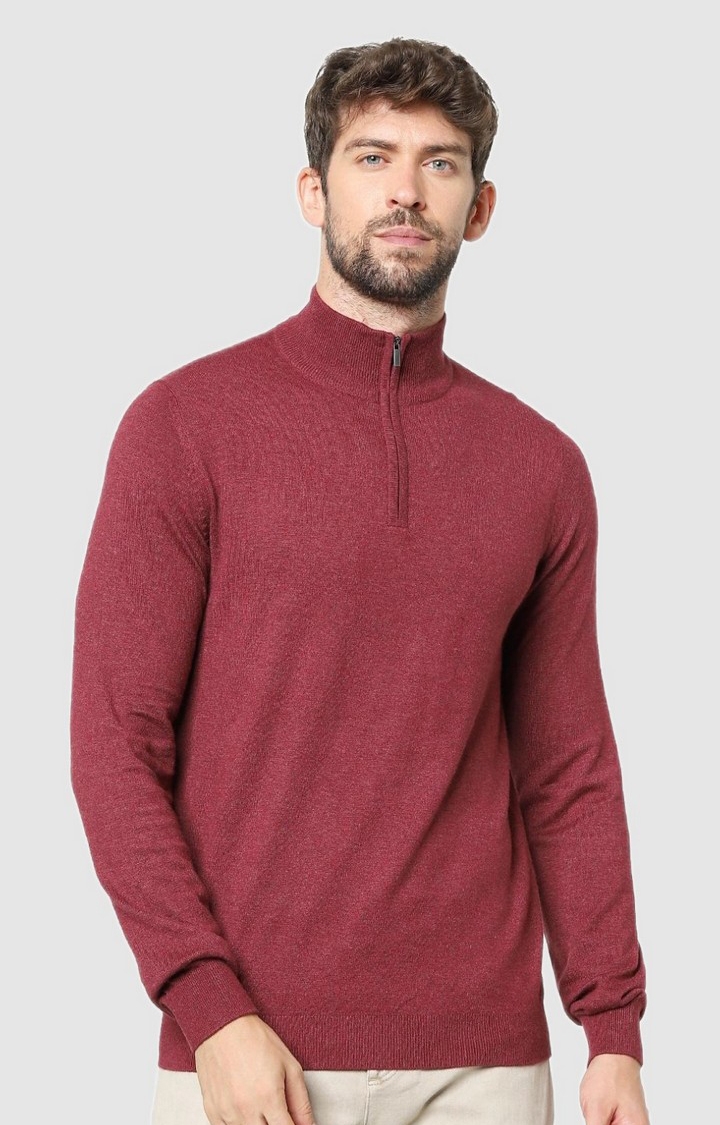 Men's Red Cotton Blend Solid Sweaters