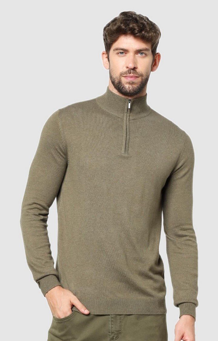 Men's Green Cotton Blend Solid Sweaters