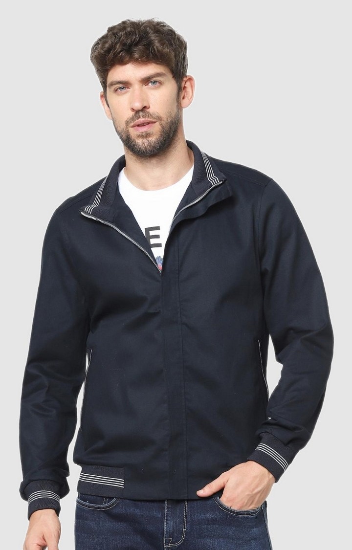 Men's Blue Cotton Solid Bomber Jackets