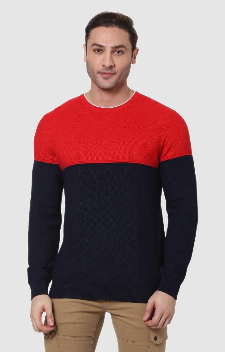 Men's Blue and Red Cotton Colourblock Sweaters