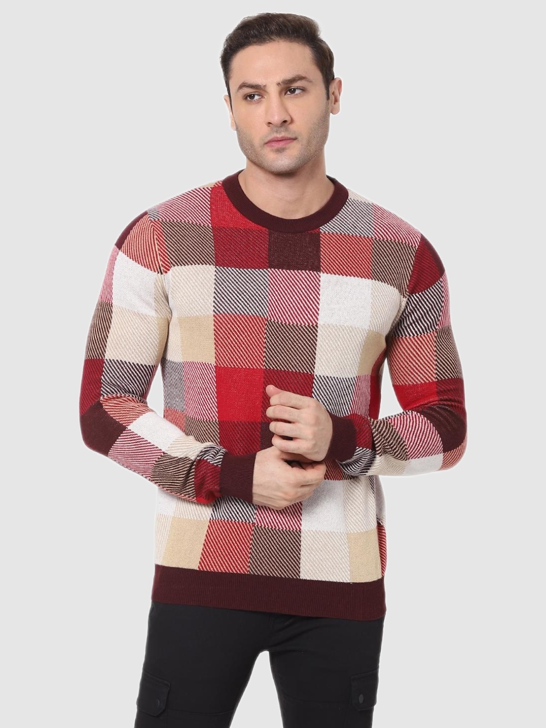 celio | Celio Checked Multi Long Sleeves Round Neck Sweaters