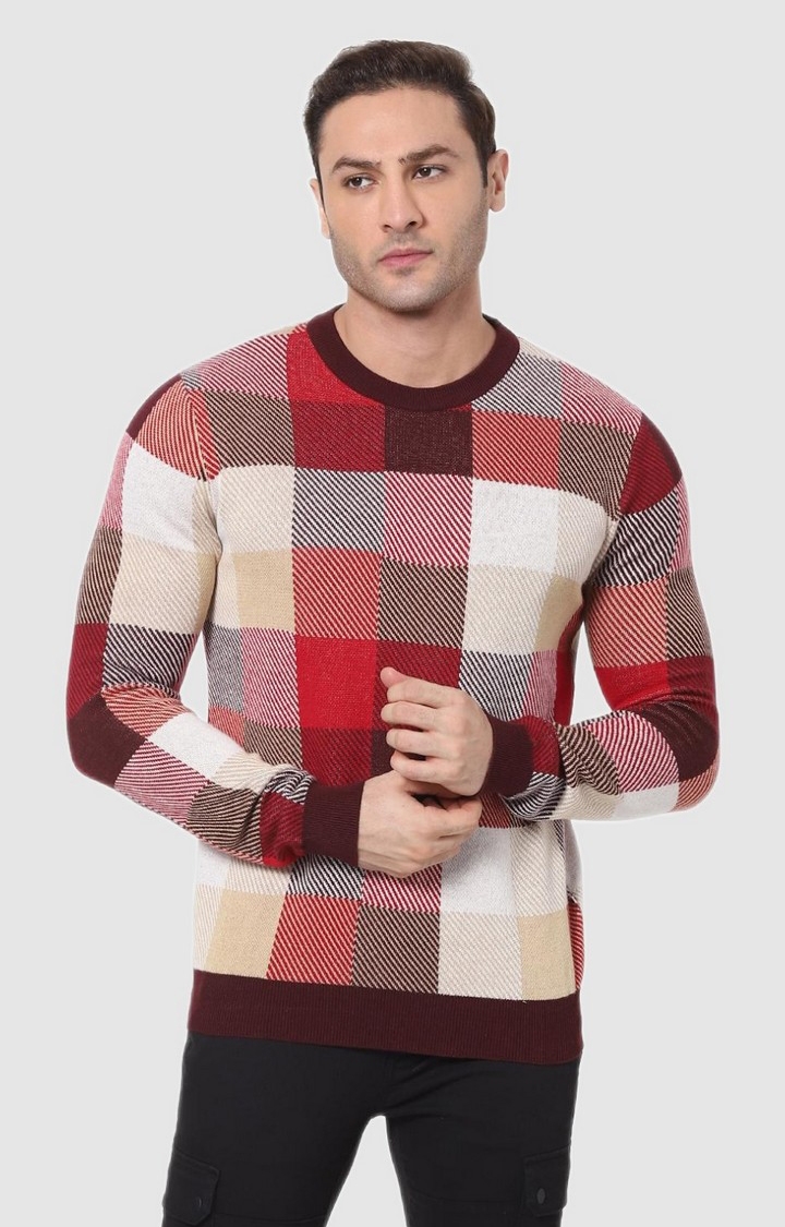 celio | Men's Red Cotton Checked Sweaters