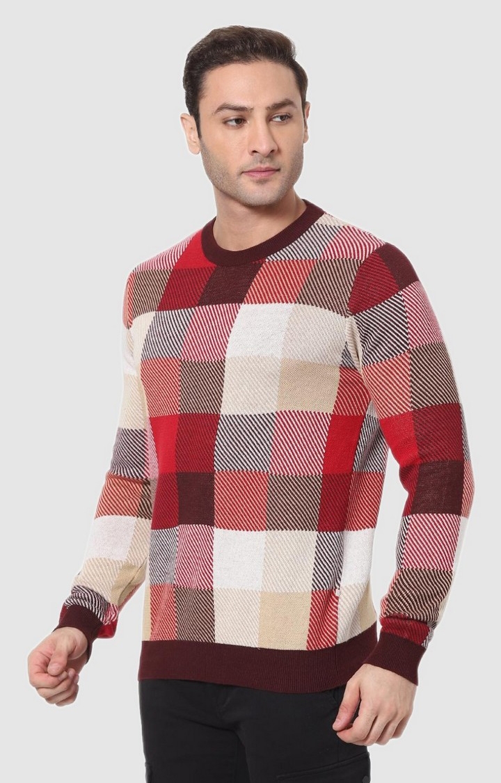 Men's Red Cotton Checked Sweaters