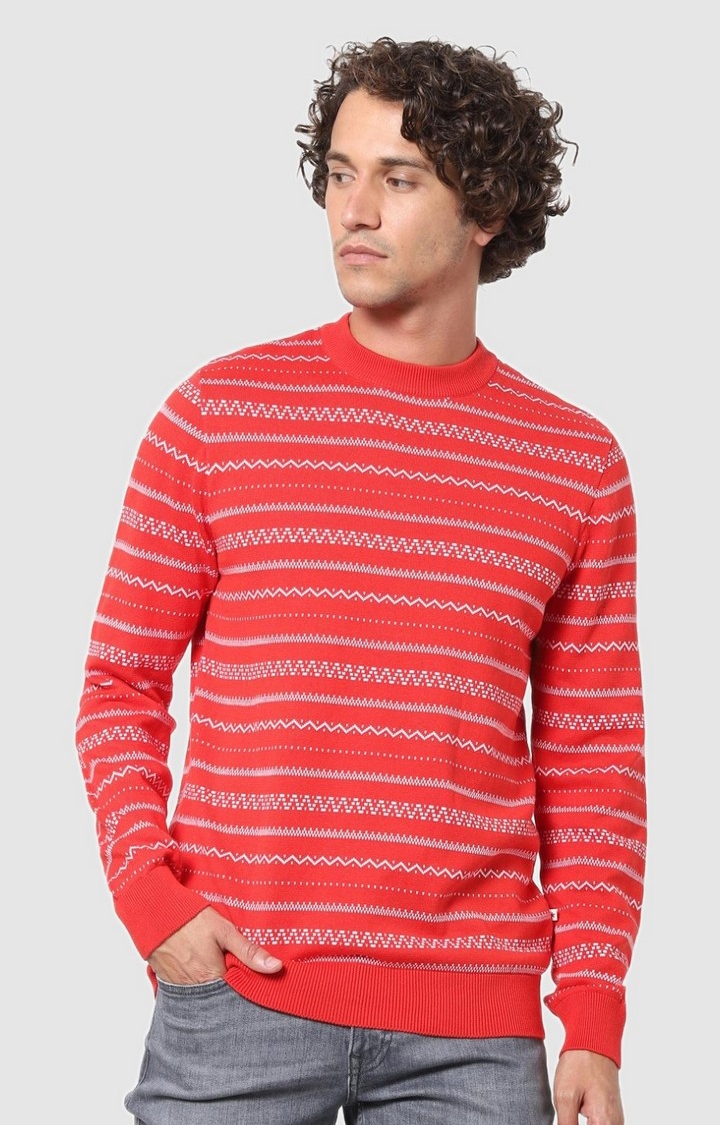 celio | Men's Orange Cotton Striped Sweaters