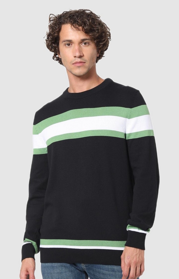 celio | Men's Black Cotton Striped Sweaters