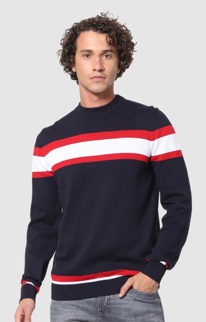 celio | Men's Blue Cotton Striped Sweaters