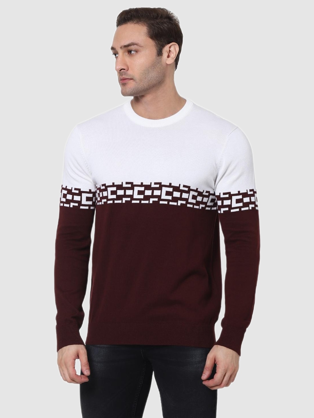 celio | Celio Printed Maroon Long Sleeves Round Neck Sweaters