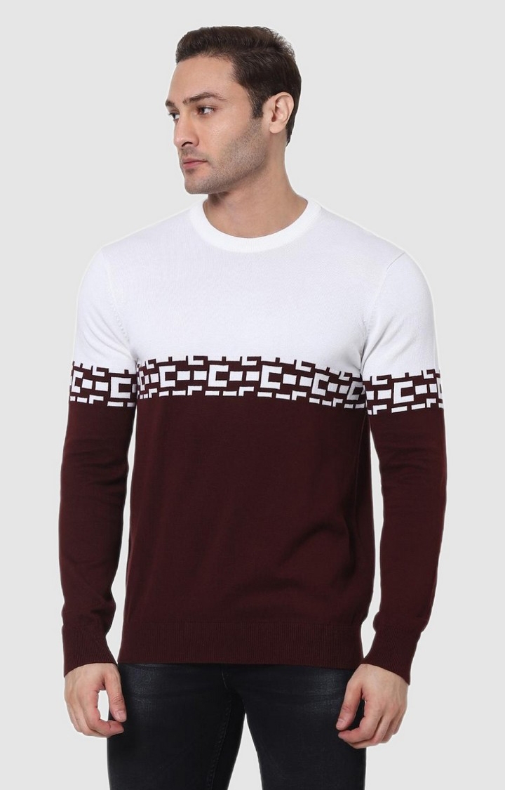 celio | Men's Red and White Cotton Colourblock Sweaters