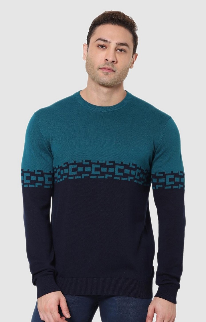 celio | Men's Blue and Green Cotton Colourblock Sweaters