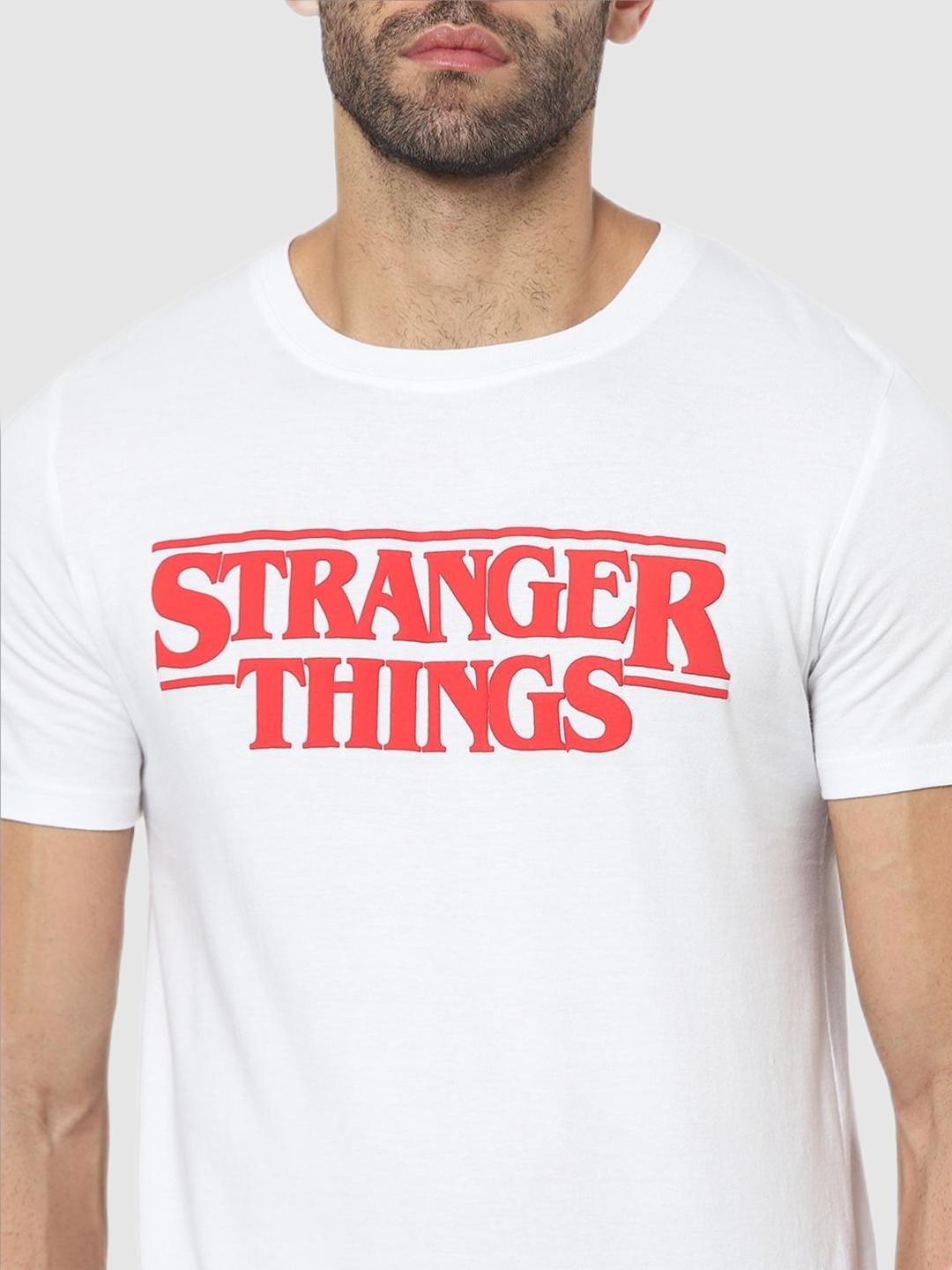 Celio White Stranger Things Print Regular Fit T-Shirt