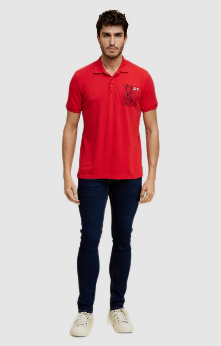Men's Red Cotton Graphics Polos