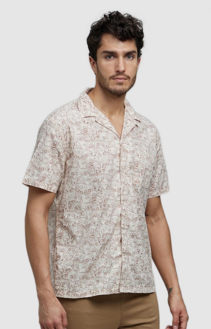 Men's Beige Cotton Cartoon Casual Shirts