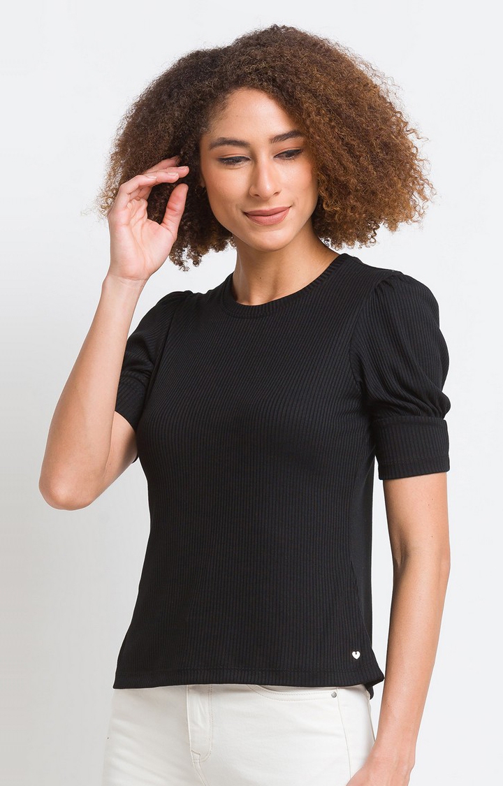 Spykar | Spykar Black Cotton Blend Half Sleeve Plain Casual Tops For Women