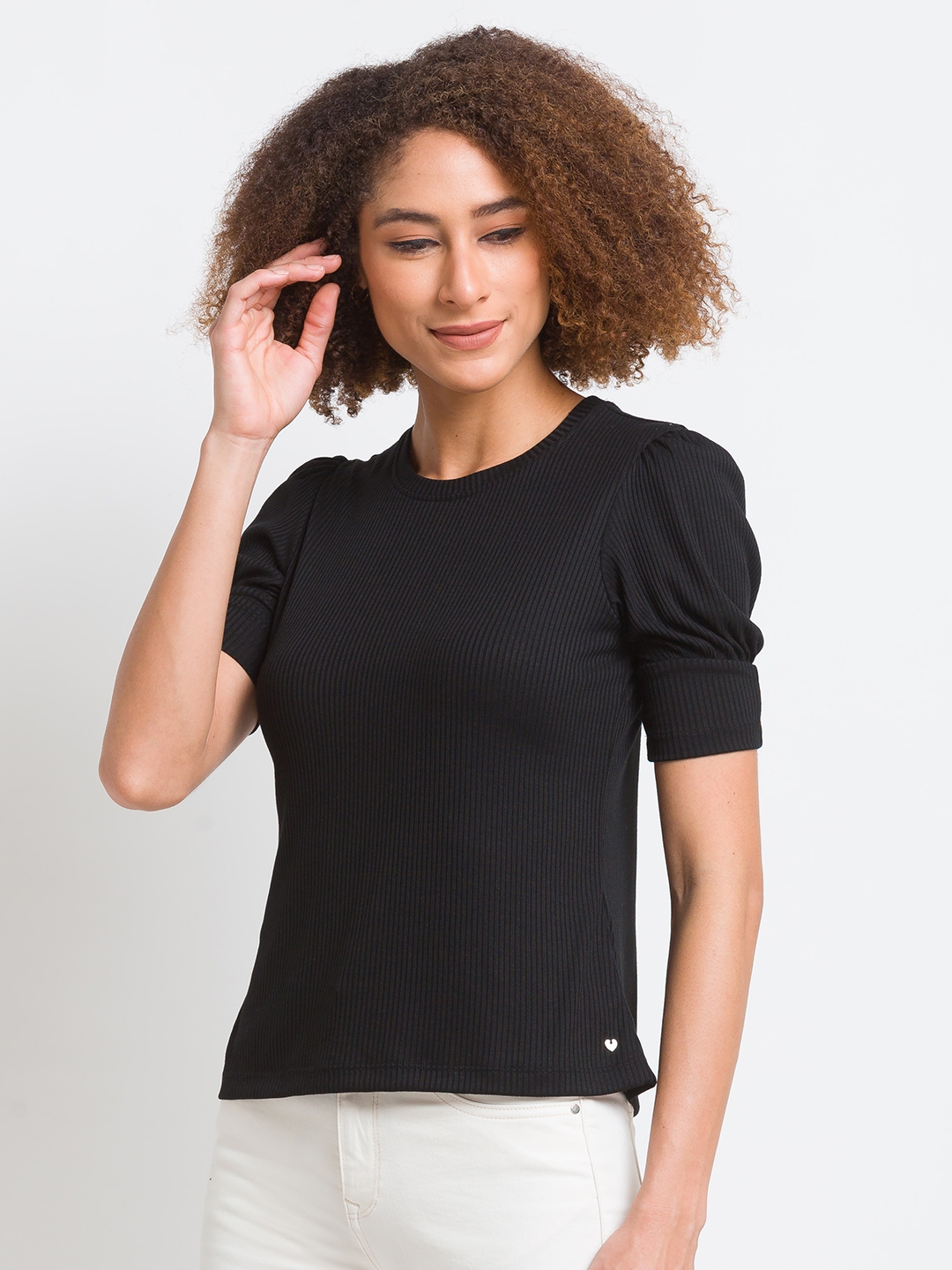 Spykar | Spykar Black Cotton Blend Three-Fourth Sleeve Plain Casual T-Shirt For Women