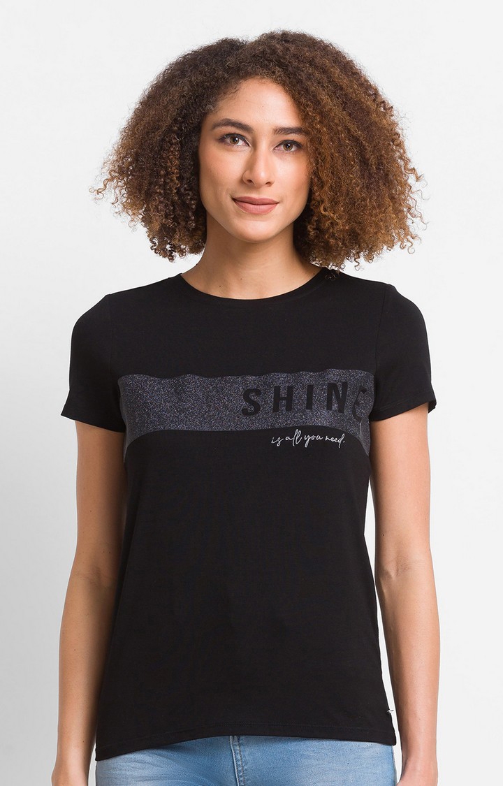 Spykar Black Cotton Blend Half Sleeve Printed Casual T-Shirt For Women