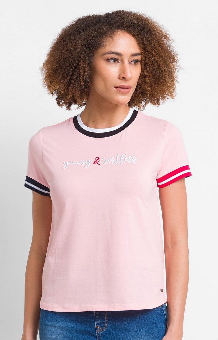 Spykar Baby Pink Cotton Blend Half Sleeve Colorless Casual T-Shirt For Women