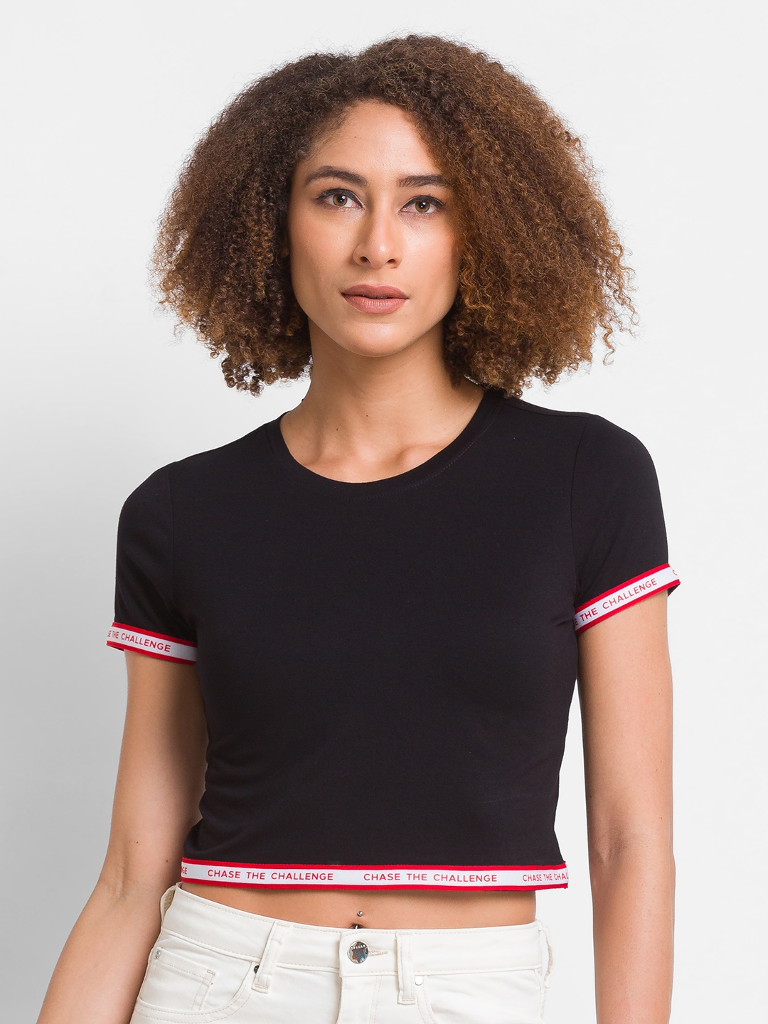 Spykar | Spykar Black Cotton Blend Half Sleeve Printed Casual T-Shirt For Women