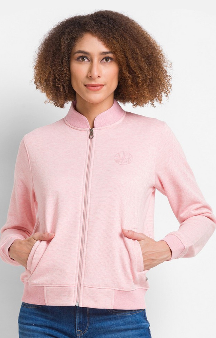 Spykar Powder Pink Cotton Blend Full Sleeve High Neck Sweatshirt For Women