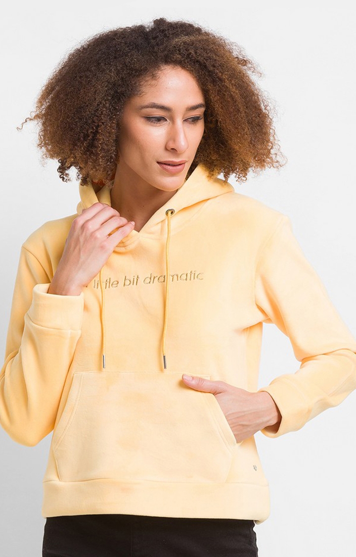 Spykar | Spykar Butter Yellow Cotton Blend Full Sleeve Hoodies For Women