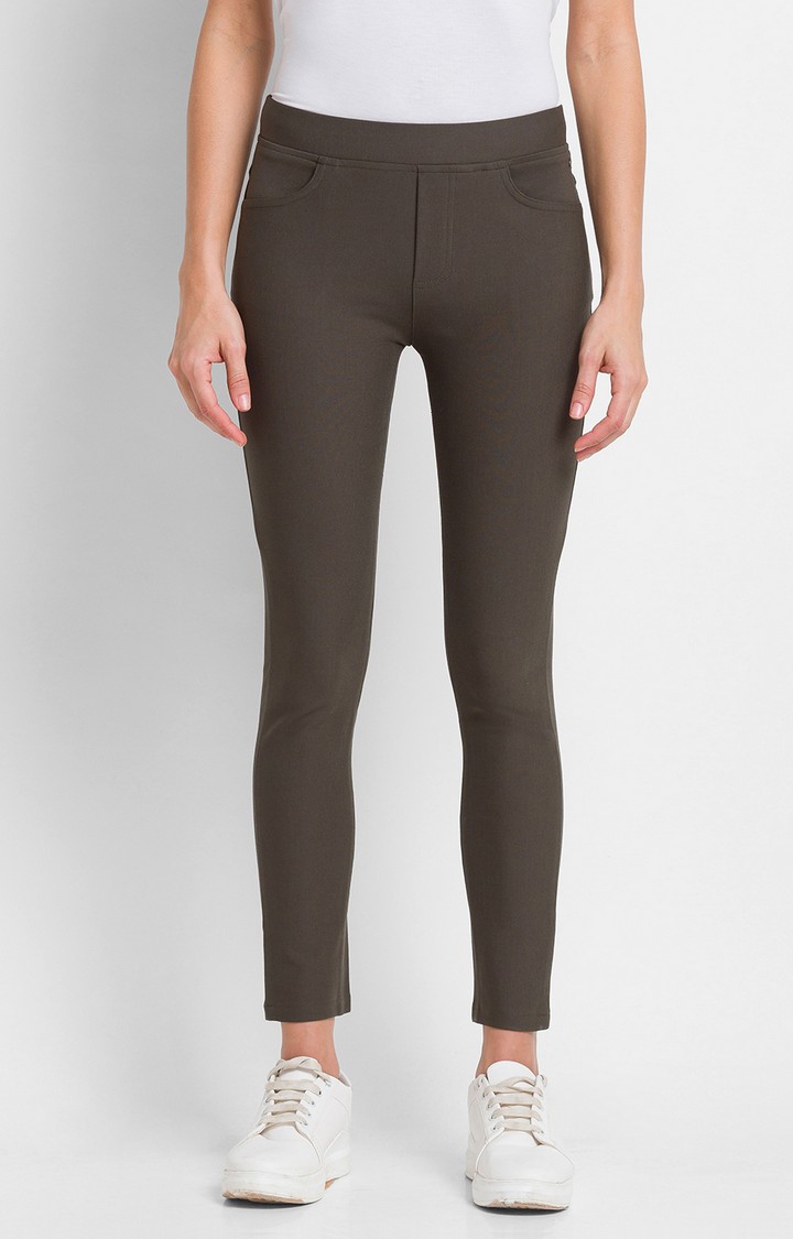 Women's Brown Cotton Solid Jeggings