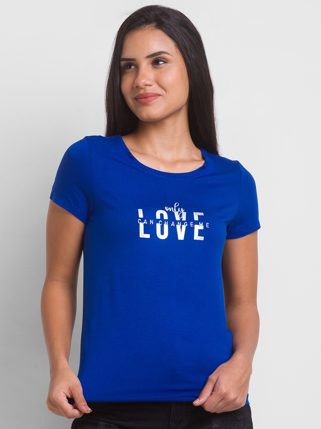Spykar | Spykar Marine Blue Cotton Blend Half Sleeve Printed Casual T-Shirt For Women