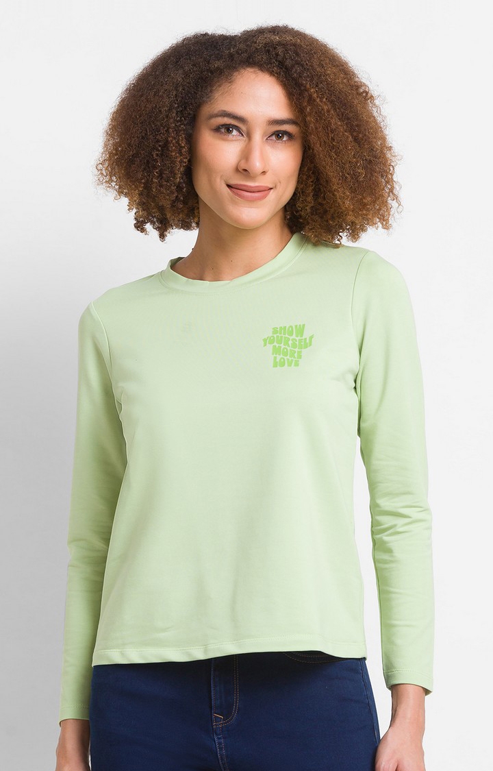 Spykar Green Cotton Blend Full Sleeve Plain Casual T-Shirt For Women
