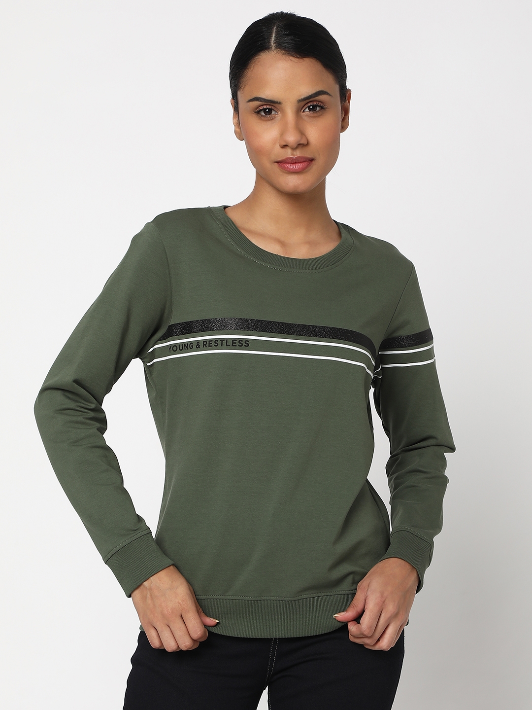 spykar | Spykar Olive Green Cotton Blend Full Sleeve Round Neck Sweatshirt For Women