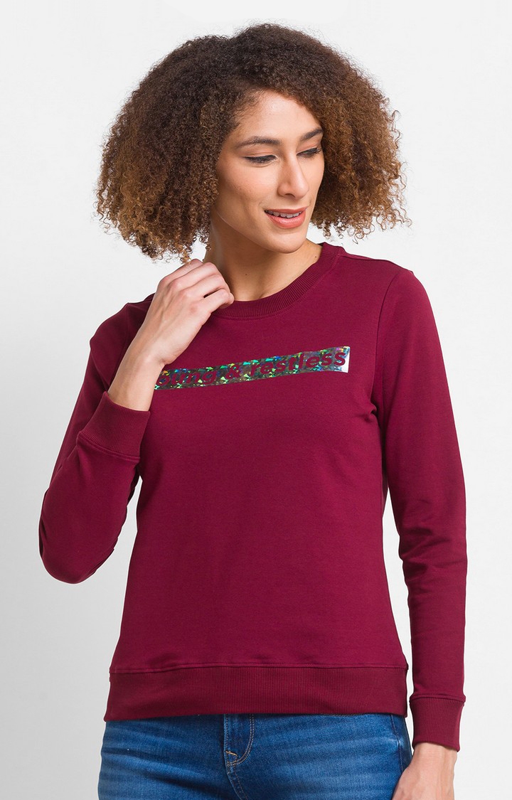 spykar | Spykar Wine Cotton Blend Full Sleeve Round Neck Sweatshirt For Women