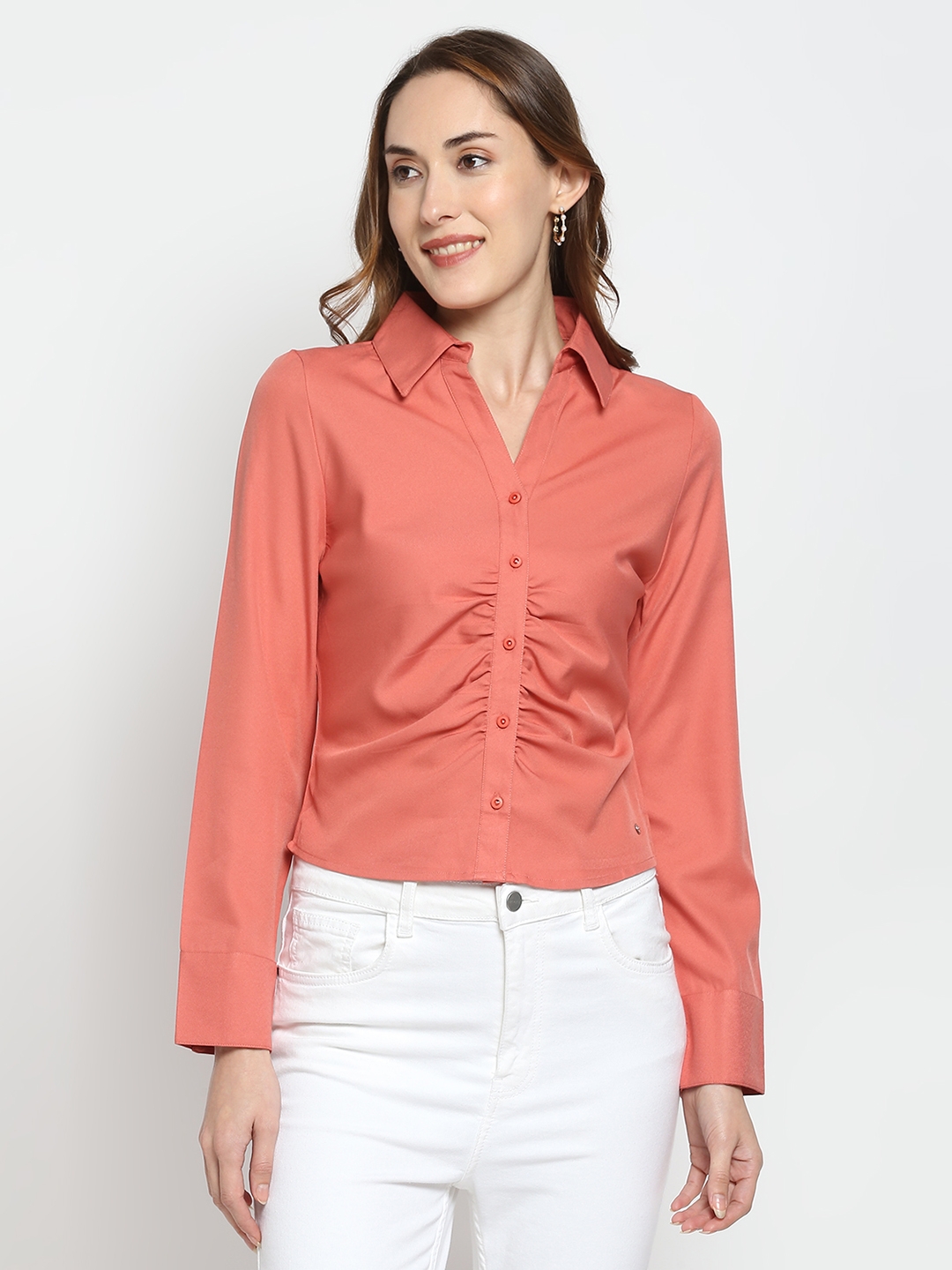 Women's Red Satin Solid Casual Shirts